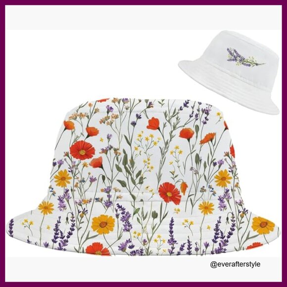Polyester Bucket Hat with Wildflowers Print, Reversible, Sun Protection